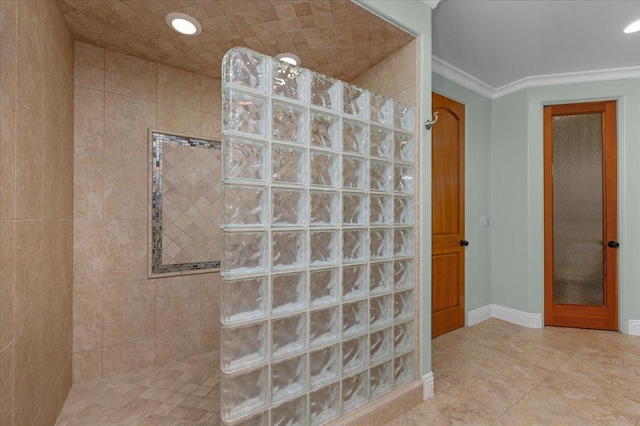 2707 W Menlo Ave, Fresno, CA 93711 - full bath with a walk in shower, ornamental molding, and tile patterned flooring