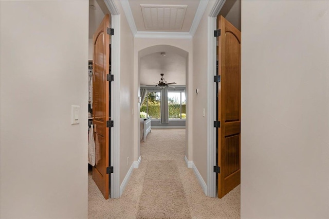 2707 W Menlo Ave, Fresno, CA 93711 - corridor with ornamental molding, carpet floors, and arched walkways