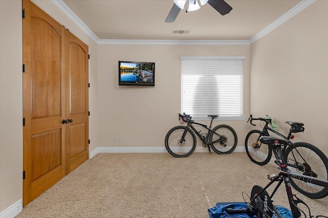2707 W Menlo Ave, Fresno, CA 93711 - recreation room featuring crown molding, carpet, and a ceiling fan