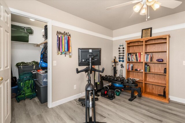 30015 Stetson Dr, Coarsegold, CA 93614 - exercise area featuring light wood-style floors, ceiling fan, and baseboards