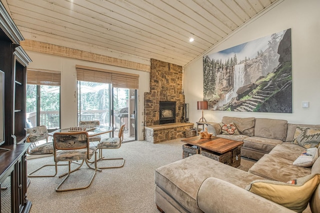 62681 Huntington Vista Ln # 111, Lakeshore, CA 93634 - carpeted living room featuring vaulted ceiling, wooden ceiling, and a stone fireplace