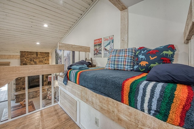 62681 Huntington Vista Ln # 111, Lakeshore, CA 93634 - bedroom with wood ceiling, wood finished floors, recessed lighting, vaulted ceiling, and a fireplace