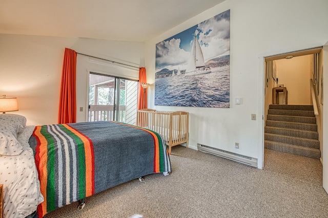 62681 Huntington Vista Ln # 111, Lakeshore, CA 93634 - bedroom featuring baseboard heating, carpet floors, vaulted ceiling, access to exterior, and baseboards