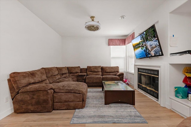 2162 Decatur Ave, Clovis, CA 93611 - living room featuring light wood-type flooring, a glass covered fireplace, and baseboards