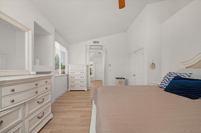 2162 Decatur Ave, Clovis, CA 93611 - bedroom featuring lofted ceiling, light wood-style floors, and a ceiling fan
