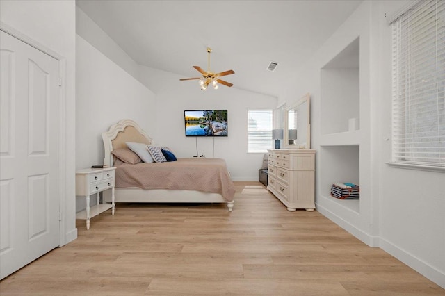 2162 Decatur Ave, Clovis, CA 93611 - bedroom featuring light wood finished floors, vaulted ceiling, ceiling fan, and baseboards