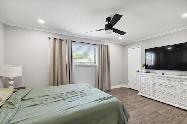 1583 San Gabriel Ave, Clovis, CA 93611 - bedroom featuring ornamental molding, wood finished floors, recessed lighting, baseboards, and a ceiling fan
