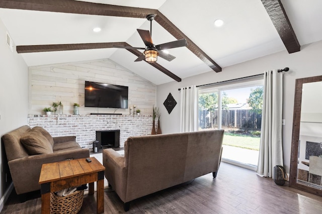 1583 San Gabriel Ave, Clovis, CA 93611 - living room featuring ceiling fan, dark wood-style floors, and a brick fireplace