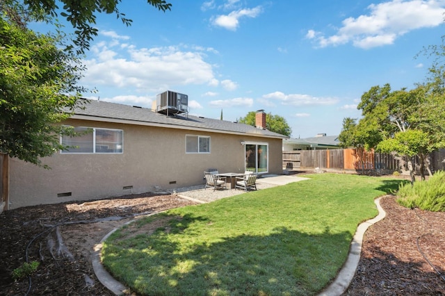 1583 San Gabriel Ave, Clovis, CA 93611 - rear view of property with crawl space, central AC, a patio, stucco siding, and a chimney