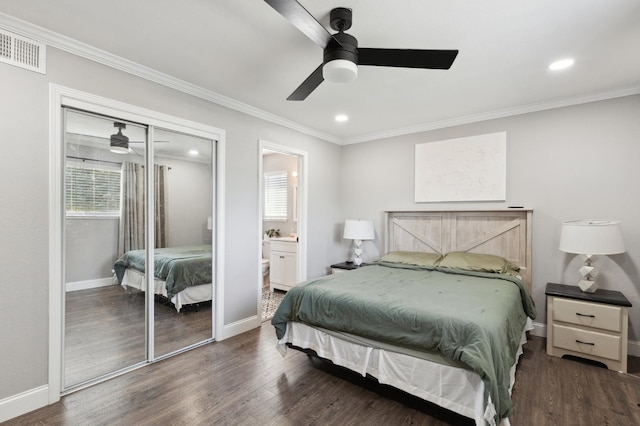 1583 San Gabriel Ave, Clovis, CA 93611 - bedroom with ornamental molding, a closet, wood finished floors, baseboards, and recessed lighting