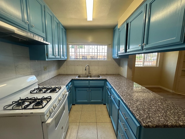 3023 E White Ave, Fresno, CA 93701 - kitchen featuring white gas stove, a sink, under cabinet range hood, blue cabinetry, and decorative backsplash