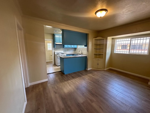 3023 E White Ave, Fresno, CA 93701 - kitchen with white range with gas stovetop, blue cabinetry, ornamental molding, a peninsula, and a sink
