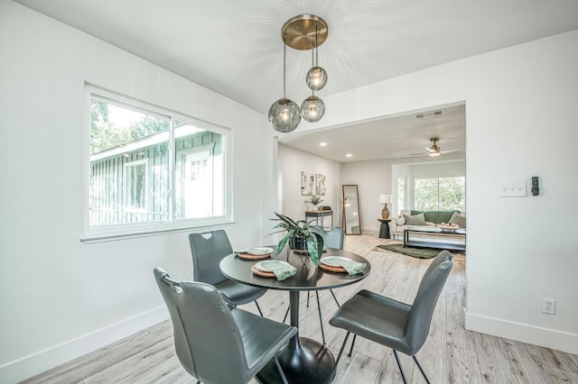 17367 Camden Dr, Madera, CA 93638 - dining area featuring baseboards, light wood-type flooring, and a ceiling fan