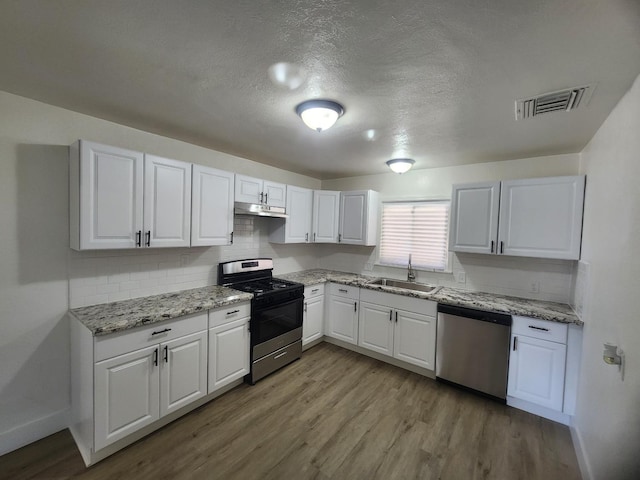 4754 E Andrews Ave, Fresno, CA 93726 - kitchen featuring appliances with stainless steel finishes, under cabinet range hood, a sink, baseboards, and backsplash