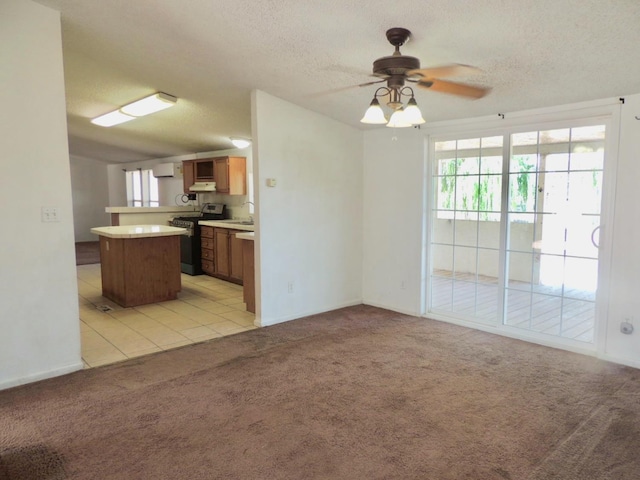 15716 S Hughes, Caruthers, CA 93609 - kitchen with stainless steel gas range oven, light countertops, light colored carpet, healthy amount of natural light, and a textured ceiling