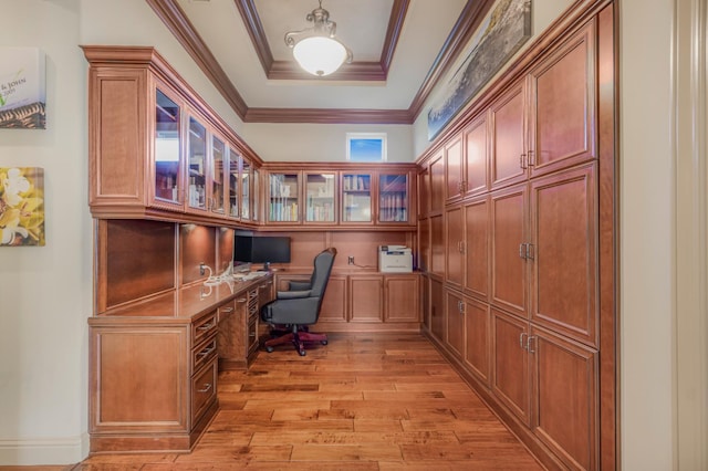 2136 E Royal Dornoch Ave, Fresno, CA 93730 - office with built in desk, light wood-style floors, a tray ceiling, and crown molding