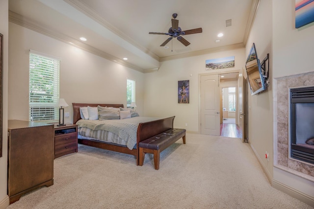 2136 E Royal Dornoch Ave, Fresno, CA 93730 - carpeted bedroom featuring ornamental molding, multiple windows, recessed lighting, baseboards, and ceiling fan