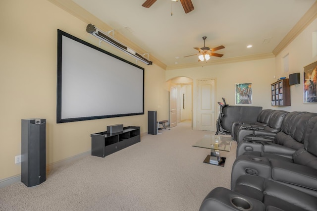 2136 E Royal Dornoch Ave, Fresno, CA 93730 - carpeted cinema featuring a ceiling fan, arched walkways, ornamental molding, baseboards, and recessed lighting