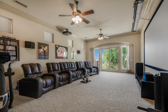 2136 E Royal Dornoch Ave, Fresno, CA 93730 - carpeted home theater room with ornamental molding and a ceiling fan