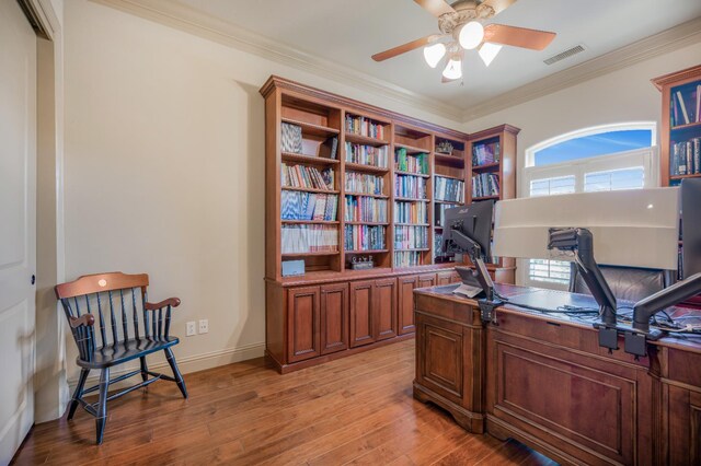 2136 E Royal Dornoch Ave, Fresno, CA 93730 - office with ceiling fan, light wood-type flooring, ornamental molding, and baseboards