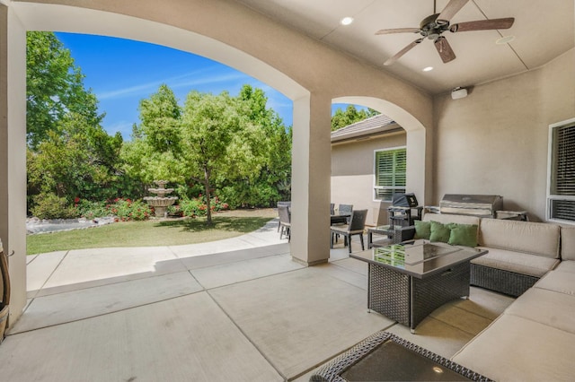 2136 E Royal Dornoch Ave, Fresno, CA 93730 - view of patio / terrace featuring an outdoor living space, ceiling fan, and grilling area