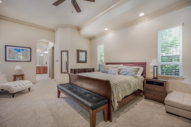 2136 E Royal Dornoch Ave, Fresno, CA 93730 - bedroom with ornamental molding, arched walkways, light colored carpet, a ceiling fan, and connected bathroom