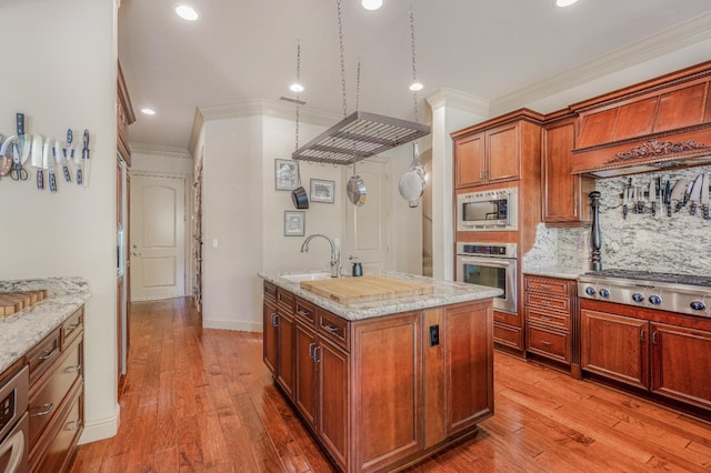 2136 E Royal Dornoch Ave, Fresno, CA 93730 - kitchen featuring appliances with stainless steel finishes, a sink, an island with sink, crown molding, and light wood-style flooring