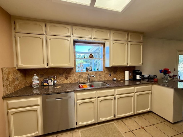 31117 Longview Ln E, Coarsegold, CA 93614 - kitchen featuring stainless steel dishwasher, a sink, light tile patterned floors, and decorative backsplash