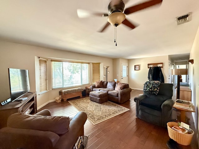 31117 Longview Ln E, Coarsegold, CA 93614 - living room with ceiling fan, wood finished floors, and baseboards