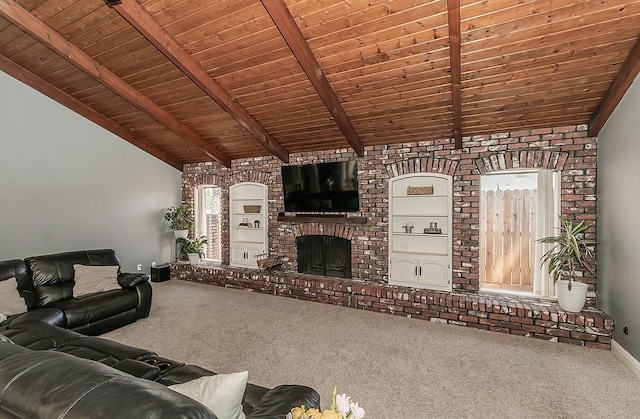 311 S Fowler Ave, Fowler, CA 93625 - living area featuring carpet, wood ceiling, a brick fireplace, and baseboards