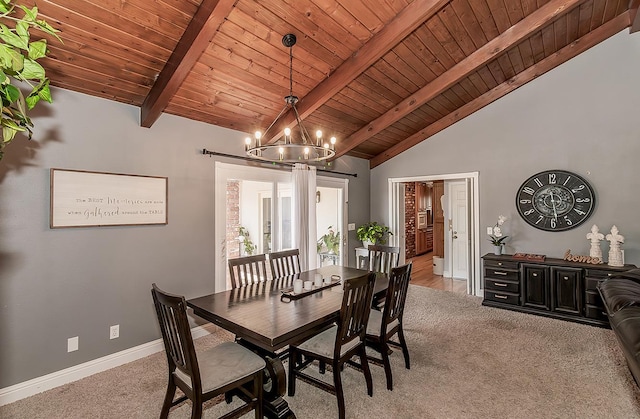 311 S Fowler Ave, Fowler, CA 93625 - dining space featuring light colored carpet, wooden ceiling with exposed beams, a chandelier, baseboards, and high vaulted ceiling