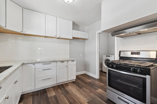 4112 E Platt Ave, Fresno, CA 93702 - kitchen with stainless steel gas range oven, washer / clothes dryer, white cabinets, dark wood-style flooring, and light stone countertops