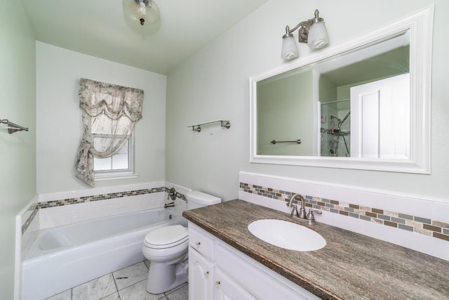 450 W Alluvial Ave, Clovis, CA 93611 - bathroom with a garden tub, vanity, toilet, tile patterned flooring, and tasteful backsplash