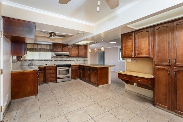 450 W Alluvial Ave, Clovis, CA 93611 - kitchen with stainless steel range oven, a ceiling fan, range hood, a sink, and crown molding