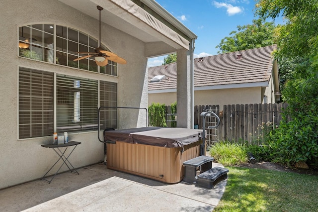 6481 N Alison Ln, Fresno, CA 93711 - view of patio with a hot tub and a ceiling fan
