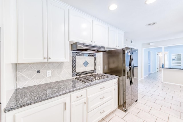 3171 W Sample Ave, Fresno, CA 93711 - kitchen featuring under cabinet range hood, appliances with stainless steel finishes, decorative backsplash, white cabinets, and recessed lighting