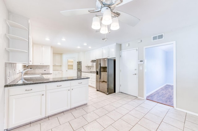 3171 W Sample Ave, Fresno, CA 93711 - kitchen with open shelves, refrigerator with ice dispenser, ceiling fan, backsplash, and white cabinets