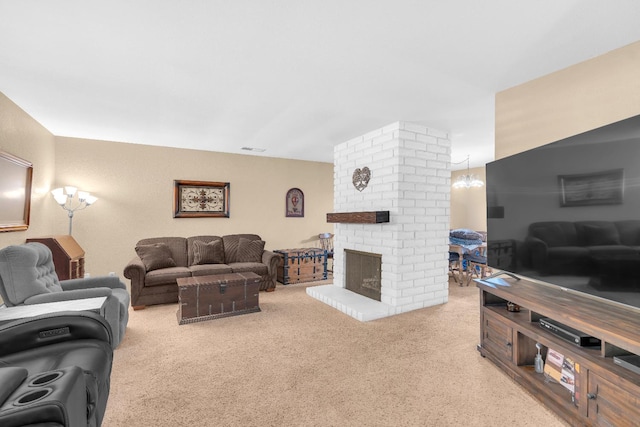5072 N Forkner Ave, Fresno, CA 93711 - living room featuring carpet, a brick fireplace, and a chandelier