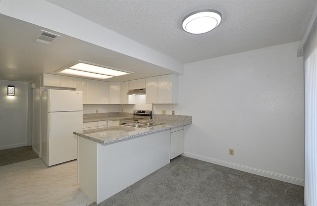 4779 N Cedar Ave # 109, Fresno, CA 93726 - kitchen with freestanding refrigerator, stainless steel electric range oven, a peninsula, under cabinet range hood, and a sink