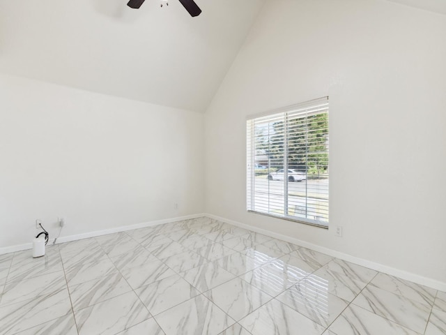 2091 E Cromwell Ave, Fresno, CA 93720 - unfurnished room with light marble finish flooring, ceiling fan, and high vaulted ceiling