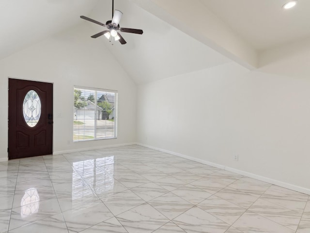 2091 E Cromwell Ave, Fresno, CA 93720 - foyer with high vaulted ceiling, a ceiling fan, recessed lighting, and light marble finish flooring