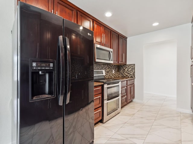 2091 E Cromwell Ave, Fresno, CA 93720 - kitchen with stainless steel appliances, light marble finish floors, backsplash, and recessed lighting