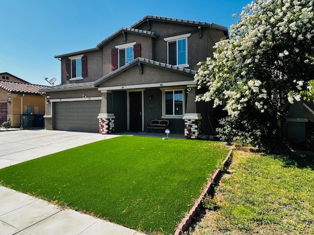 5795 E Beck Ave, Fresno, CA 93727 - view of front of property with a garage, a front lawn, stucco siding, concrete driveway, and a porch