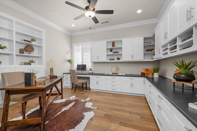 11753 N Turf Dr, Fresno, CA 93730 - kitchen featuring open shelves, a ceiling fan, ornamental molding, dark countertops, and white cabinets