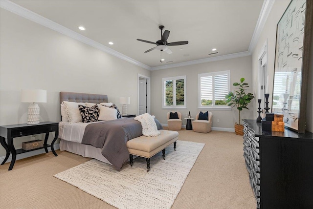 11753 N Turf Dr, Fresno, CA 93730 - bedroom featuring light colored carpet, recessed lighting, baseboards, ornamental molding, and a ceiling fan