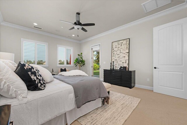 11753 N Turf Dr, Fresno, CA 93730 - bedroom featuring light carpet, access to exterior, ornamental molding, recessed lighting, and a ceiling fan