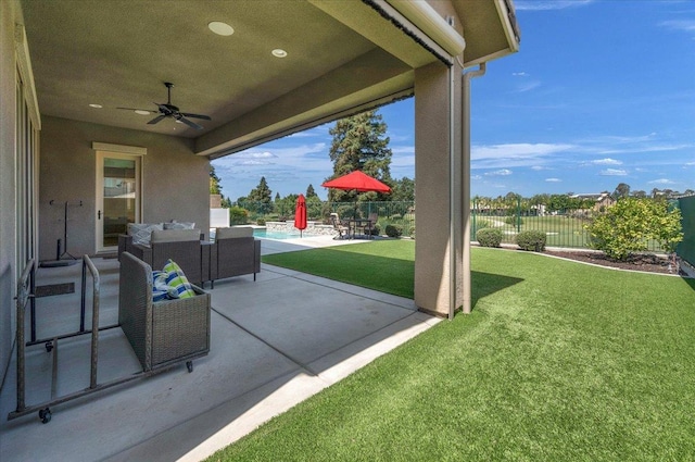 11753 N Turf Dr, Fresno, CA 93730 - view of patio featuring an outdoor living space and a ceiling fan