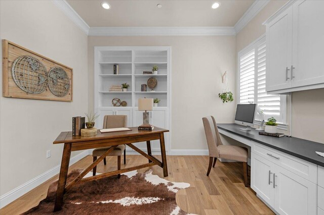 11753 N Turf Dr, Fresno, CA 93730 - office area featuring light wood-style floors, ornamental molding, baseboards, and recessed lighting