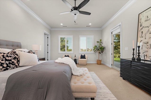 11753 N Turf Dr, Fresno, CA 93730 - bedroom featuring access to outside, light carpet, crown molding, baseboards, and ceiling fan