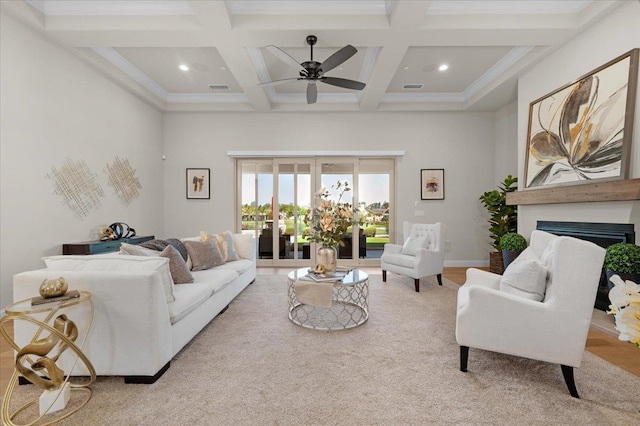 11753 N Turf Dr, Fresno, CA 93730 - carpeted living area featuring ceiling fan, beam ceiling, coffered ceiling, a fireplace, and recessed lighting